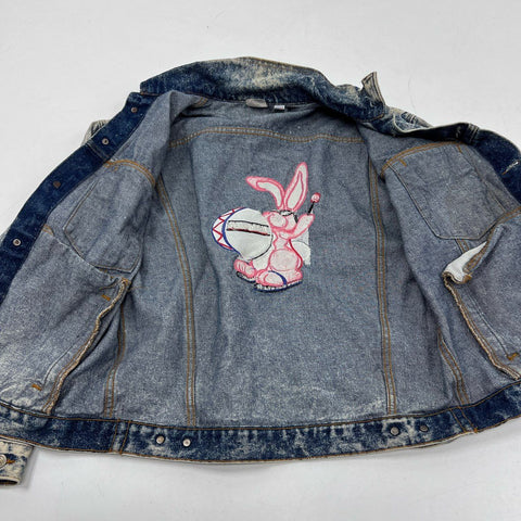 Vintage 90s Energizer Bunny Acid Wash Denim Jacket Back Graphic USA Sz S