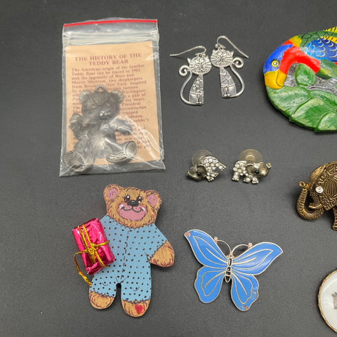 Vintage Animal Theme Costume Jewelry Lot 13pc Elephant Owl Butterfly Cat Penguin