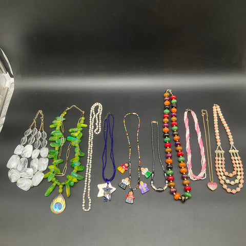 Vintage to Modern Costume Jewelry Lot of 11 Necklaces Statement Beaded Folk
