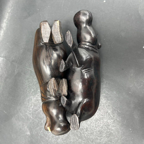 Vintage Hand Carved Hardwood Hippo Figurines Set of 2 African Art Open Mouth