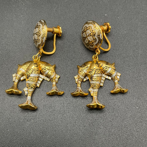 Vintage Etruscan Revival Damascene Style Fish Drop Earrings Screw Back