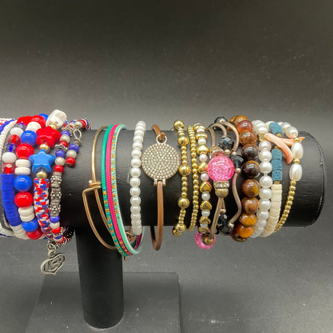 Vintage & Modern Bracelet Lot of 30 Faux Pearl Bangle Beaded USA Patriotic Skull