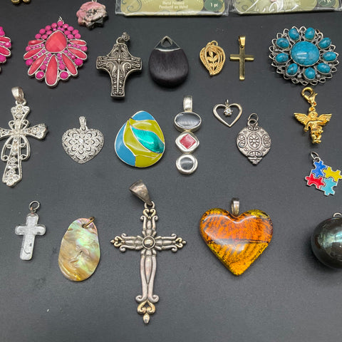 Vintage & Modern Costume Jewelry Lot of 27 Pendants Crosses Elephant Peacock