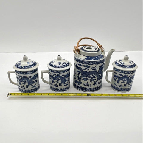 Vintage Chinese Blue & White Porcelain Dragon Tea Set Teapot 3 Lidded Mugs 8pc