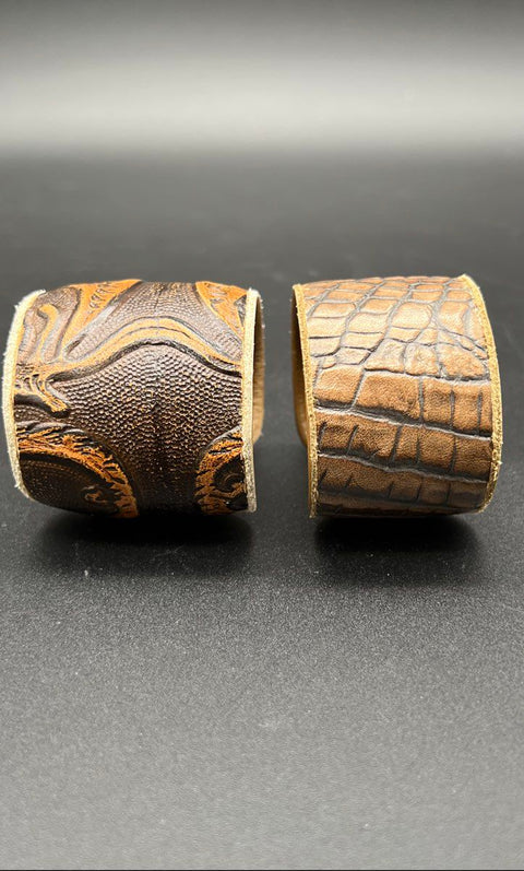 Annie Hammer Lot of 2 Tooled & Croc Embossed Leather Cuff Bracelets Signed