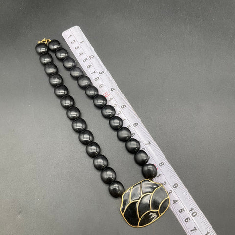 Vintage Signed Trifari Black Enamel Beaded Necklace Gold Tone Statement 18"