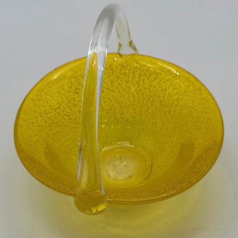 Art Glass Yellow Gold Fleck Basket Bowl Clear Applied Handle 5.5" Vintage