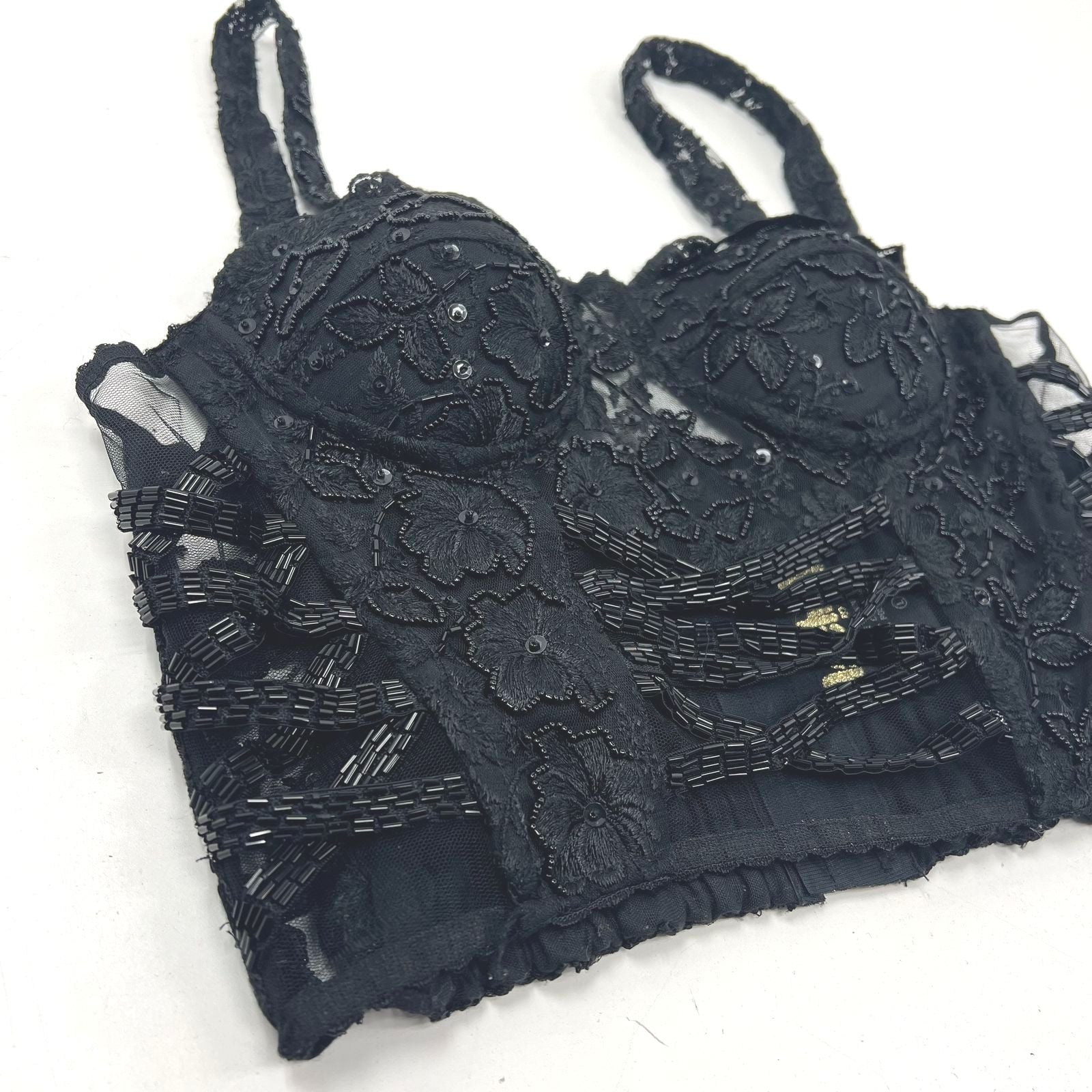Vintage Match-Ups Natco Black Beaded Bustier Corset Top Sequin Lace Sz L