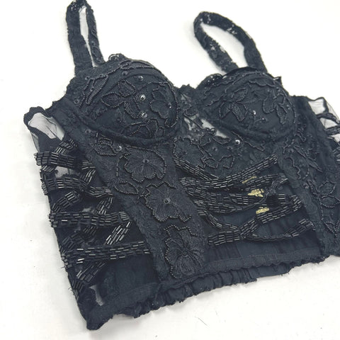 Vintage Match-Ups Natco Black Beaded Bustier Corset Top Sequin Lace Sz L