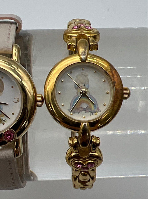 Vintage Precious Moments Gold Tone Watch Lot of 3 Pink Rhinestone Heart Leather