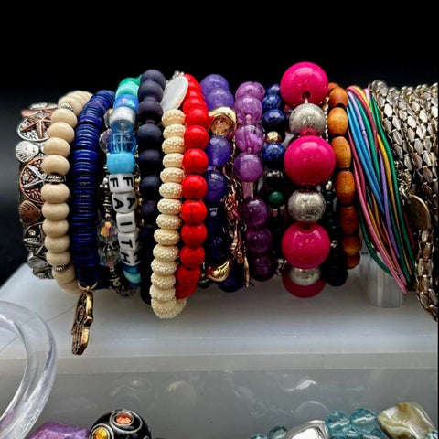 Vintage to Modern Costume Jewelry Bracelet Lot Bangles Beaded Cuffs Boho Mix