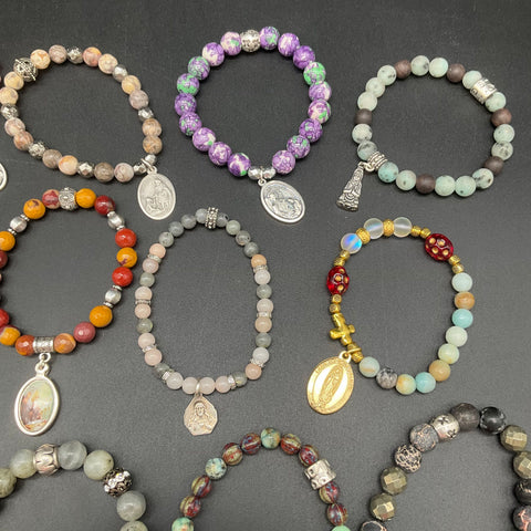 Religious Beaded Bracelet Lot of 20 Saint Medals Crosses Spiritual Stone Beads
