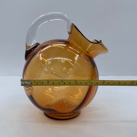 Vintage Amber Art Glass Pitcher 10" Hand Blown Clear Applied Handle MCM Style