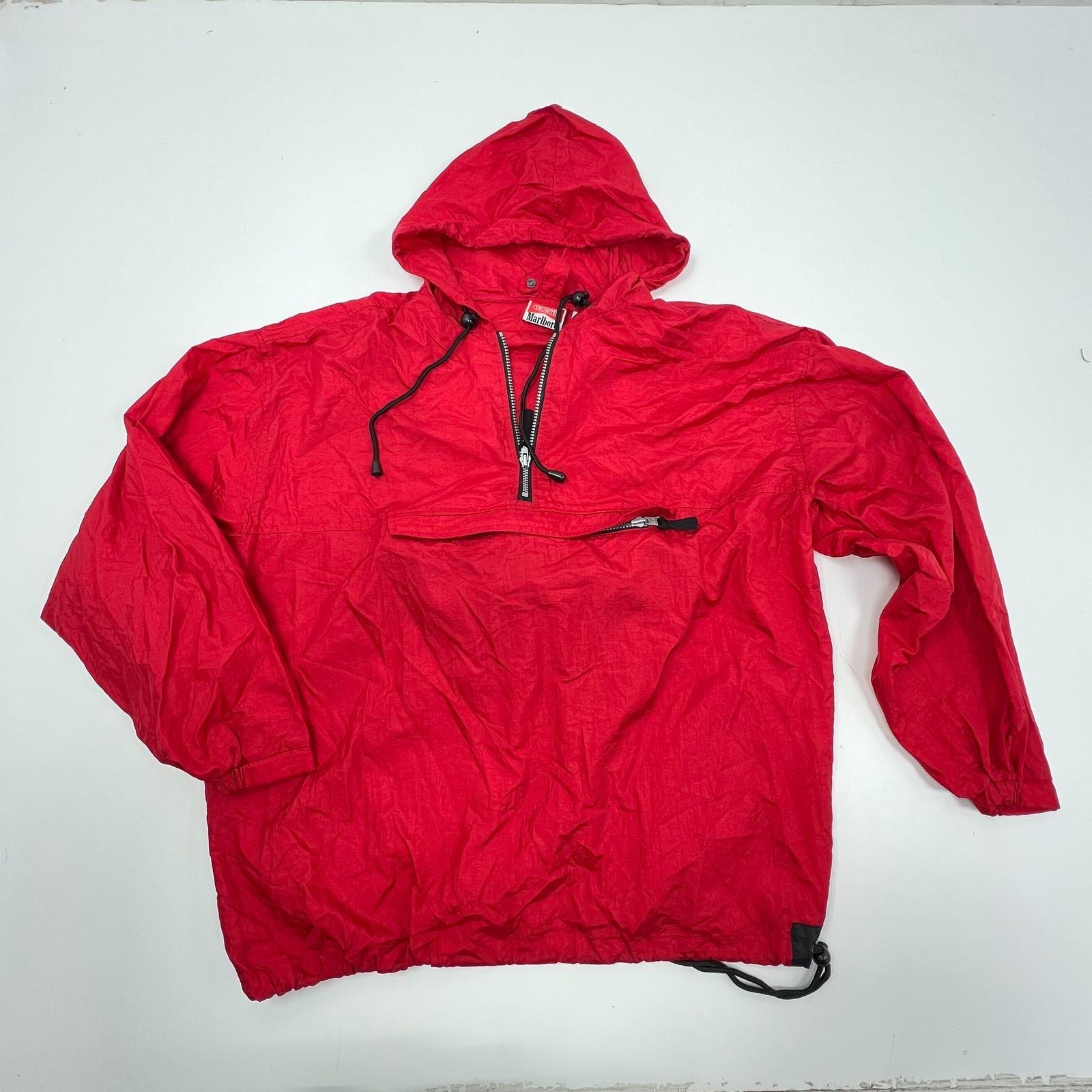 Vintage 90s Marlboro Red Packable Hooded Pullover Windbreaker Anorak Men's L