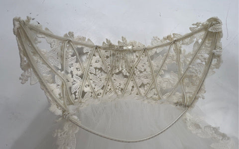 Vintage 80s 90s Wedding Veil with Lace Crown Headpiece and Ring Bearer Pillow