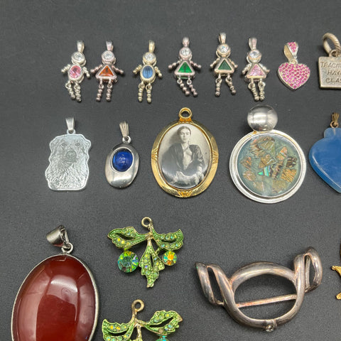 Vintage Costume Jewelry Lot 40+ Pendants Charms Rhinestone Heart KC Chiefs