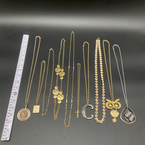 Vintage Costume Jewelry Lot of 10 Necklaces Retro Owl Cross Coin 1776 Shield