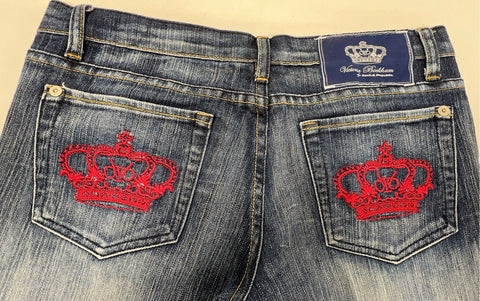 Victoria Beckham Rock & Republic Women's Capri Jeans Blue Crown Embroidery Sz 30