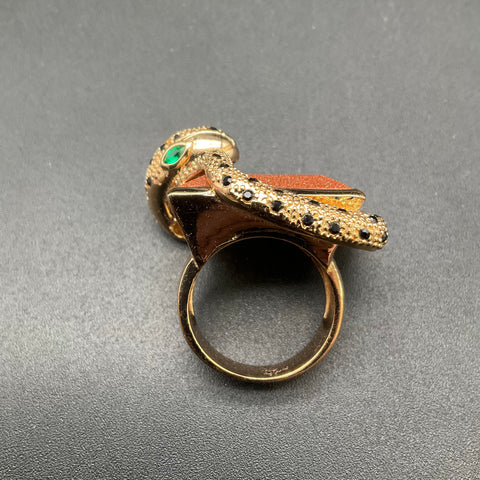 Gold Tone Snake Figural Cocktail Ring Size 9 Brown Glitter Stone Black Accents