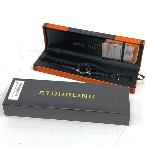 New Stuhrling Original Classic Dress Watch Black Dial Silver Tone Leather Strap