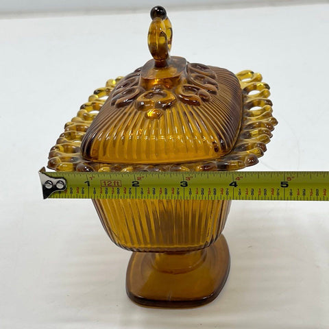 Pressed Glass Amber Ribbed Lidded Candy Dish Footed Compote Vintage 8 Inch