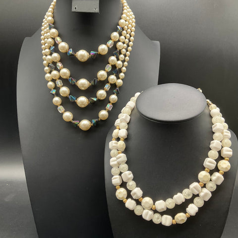 Vintage Coro & Japan Beaded Necklace Lot 2 Faux Pearl White Milk Glass Beads
