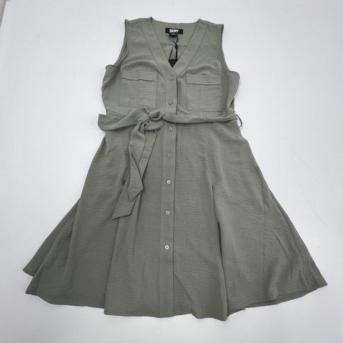 DKNY NWT Olive Green Belted Button Front Sleeveless Shirtdress Sz 12