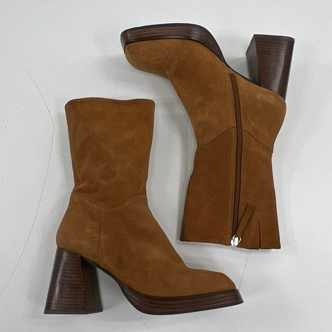 Angel Alarcon Brown Suede Square Toe Platform Block Heel Boots Size 39