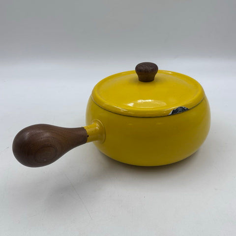 Vintage Yellow Enamel Fondue Pot Set Wood Handle Mid Century Modern 4 Piece