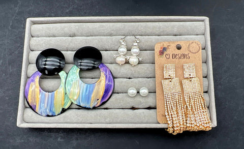 SJ Designs Rhinestone Tassel Faux Pearl Snowman Statement Hoop Earring Lot of 7
