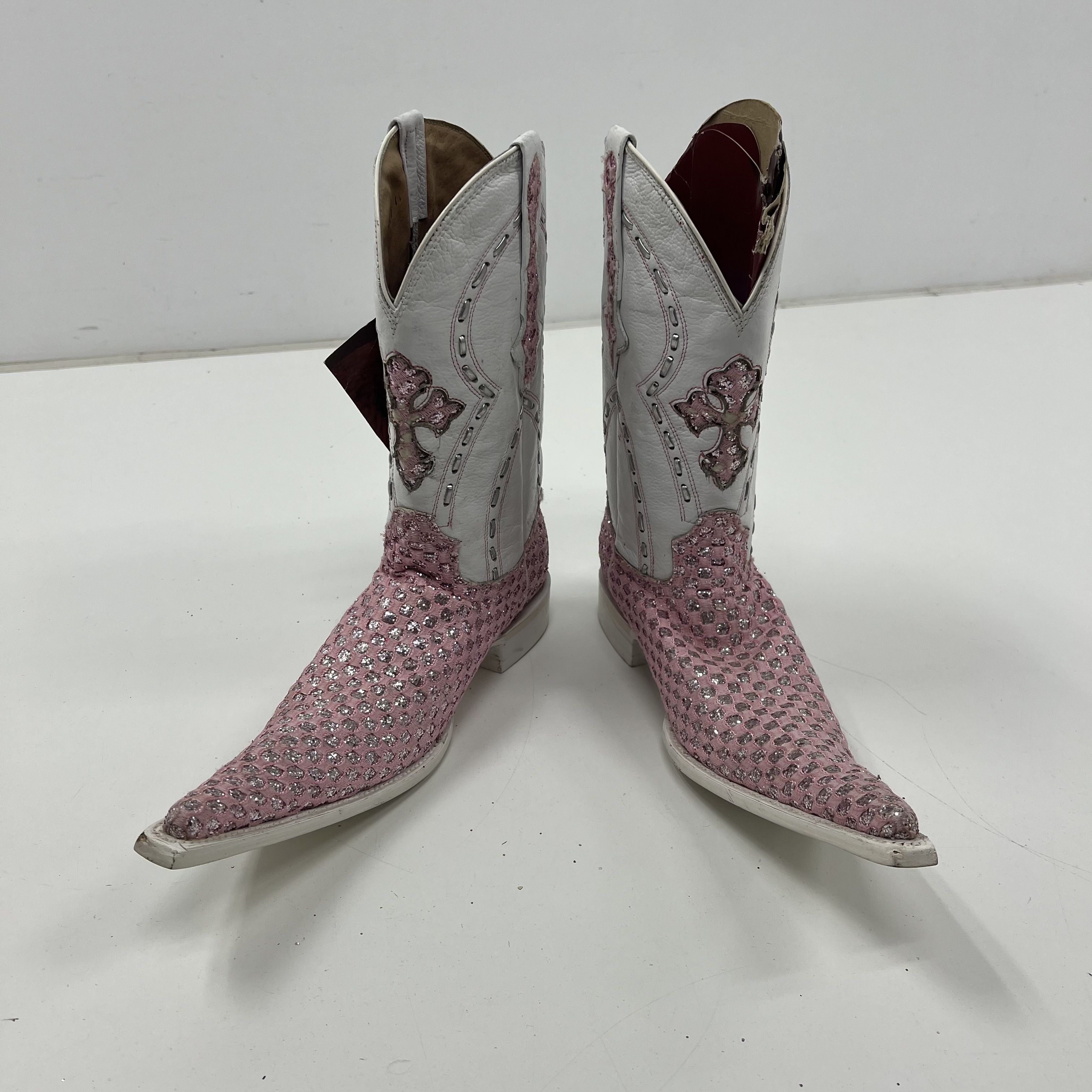 El General Pink White Glitter Cross Western Cowboy Boots Pointed Toe Size 6