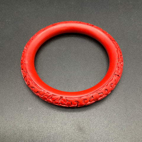 Vintage Faux Cinnabar Parure Set Necklace Carved Bangle Earrings Silver Clasp