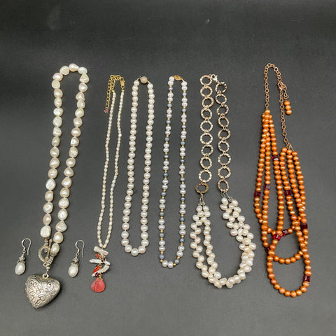 Pearl Costume Jewelry Lot 6 Necklaces 1 Pair Earrings Heart Pendants 0.48lb