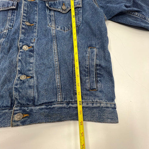 Vintage 90s Dunbrooke Mens Denim Trucker Jacket Leather Collar Flannel Lined L