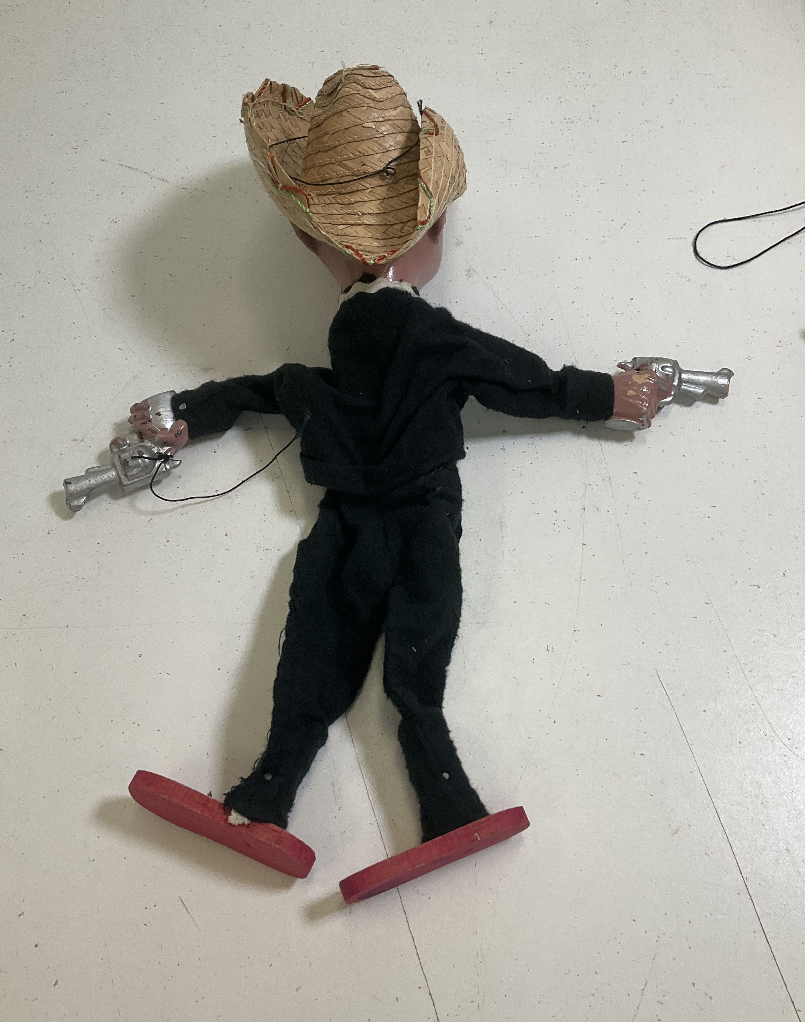 Vintage Mexican Folk Art Marionette Puppets Mariachi Gunslinger Lot of 2 13"