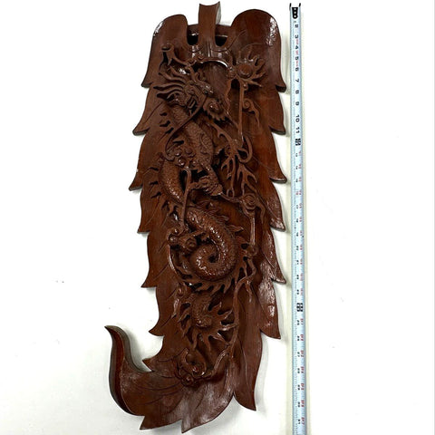 Hand Carved Wood Dragon Wall Plaque Panel Asian Motif 31 Inch Vintage