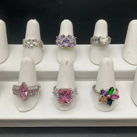 Fashion Jewelry Ring Lot of 6 Silver Tone CZ Rhinestone Statement Rings Size 5-9