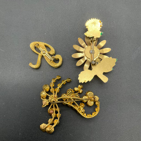 Vintage Costume Jewelry Lot 4pc Manselle Austria Rhinestone Enamel Flower Brooch