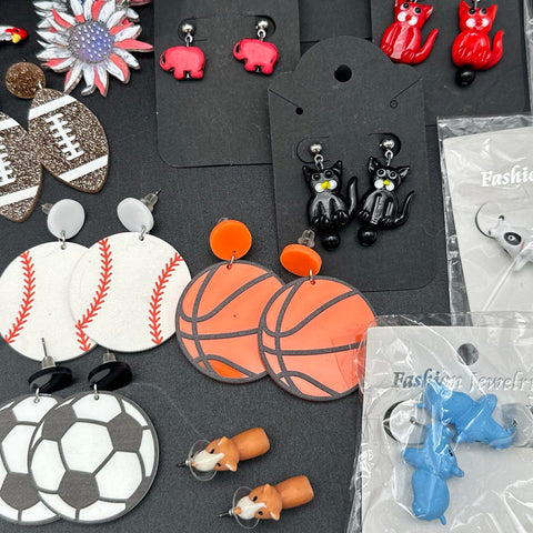 Novelty Costume Jewelry Lot 33 Pairs Animals Food Sports Dangle Stud Earrings