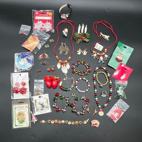 Vintage to Modern Christmas Costume Jewelry Lot 0.75 lbs Santa Snowman Bells