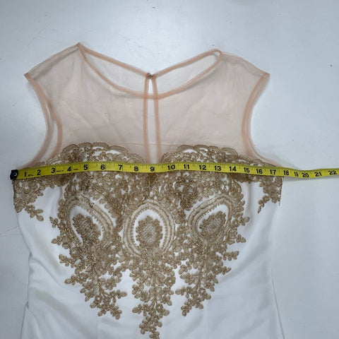 Baby Online Women's White Gold Lace Applique Illusion Mesh Evening Gown Dress