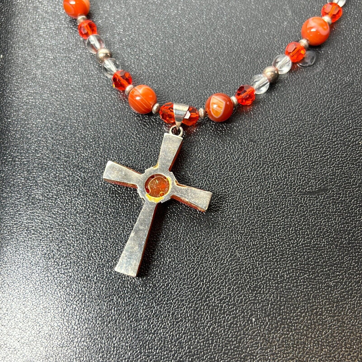Blood Red Crystals & Marcasite Large Silver Cross Necklace