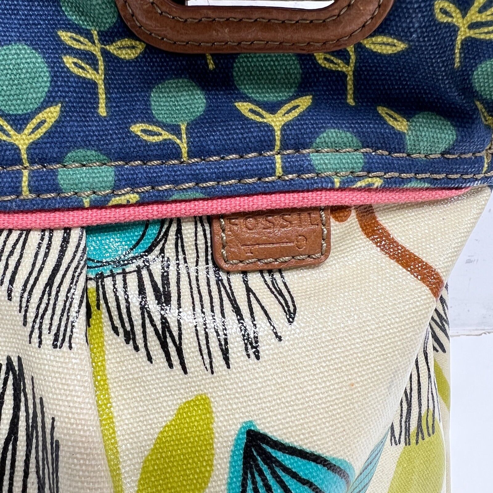 FOSSIL Key-Per Coated Canvas Tote Shoulder Bag Purse Turquoise Brown Keyper