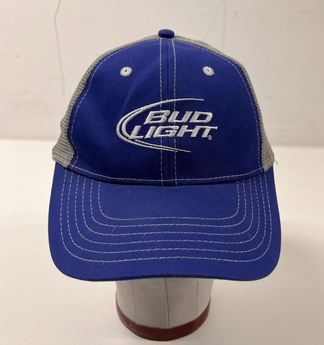Bud Light Hat K-Products Mens Blue Gray Mesh Snap Back Trucker Cap OSFA Beer