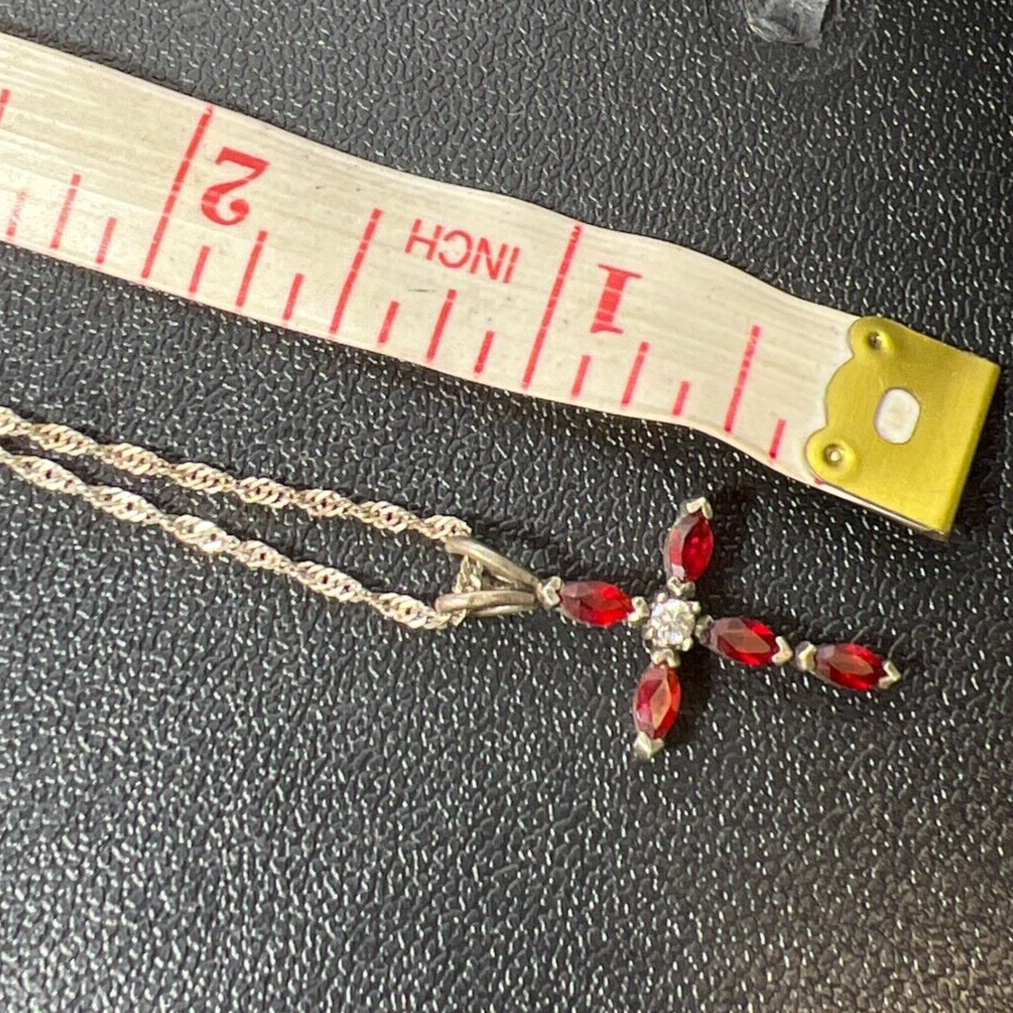 925 Sterling Silver Red Stone Cross Pendant Chain Necklace 3g