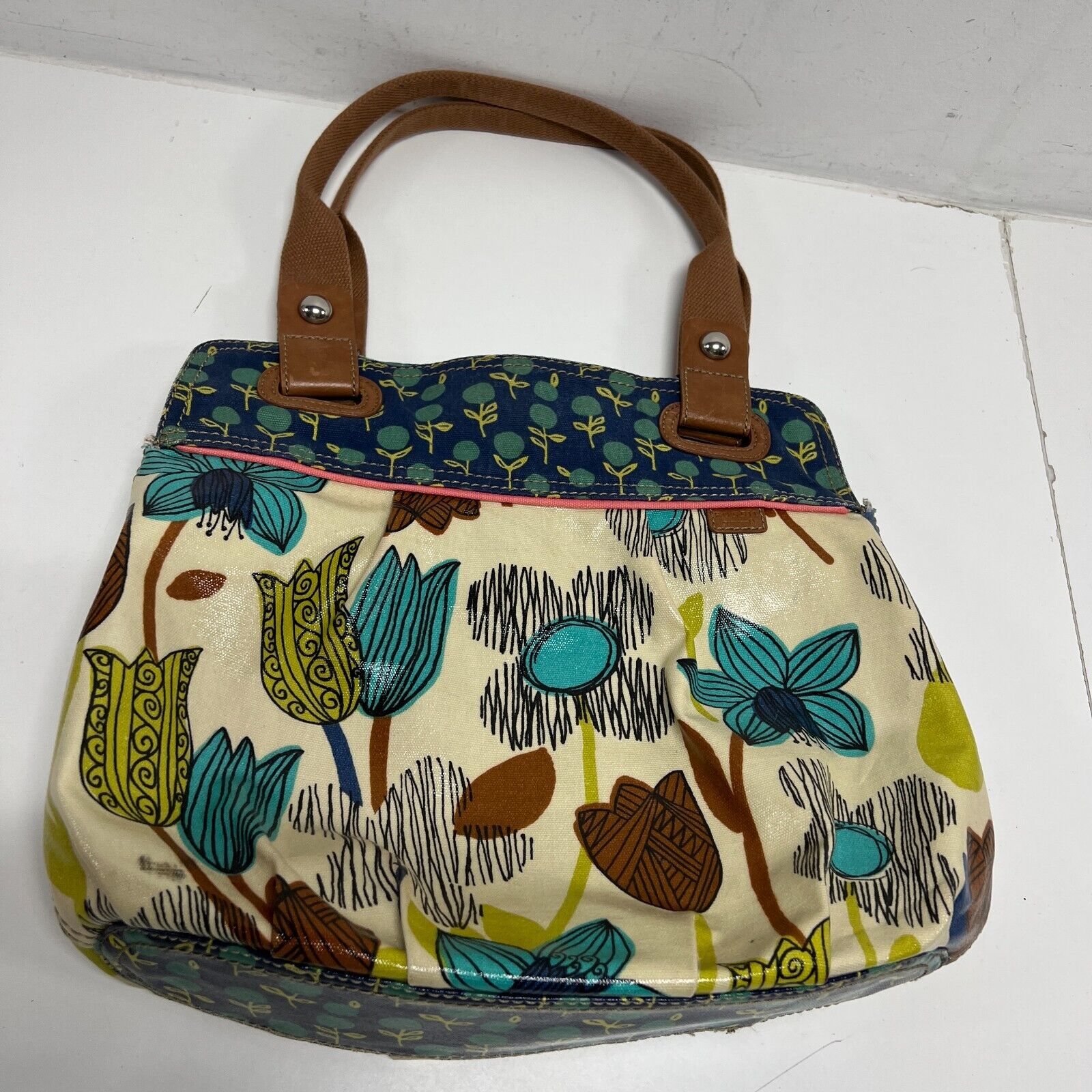 FOSSIL Key-Per Coated Canvas Tote Shoulder Bag Purse Turquoise Brown Keyper